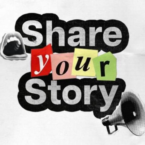 Text says share your story with mouth talking and megaphone graphics