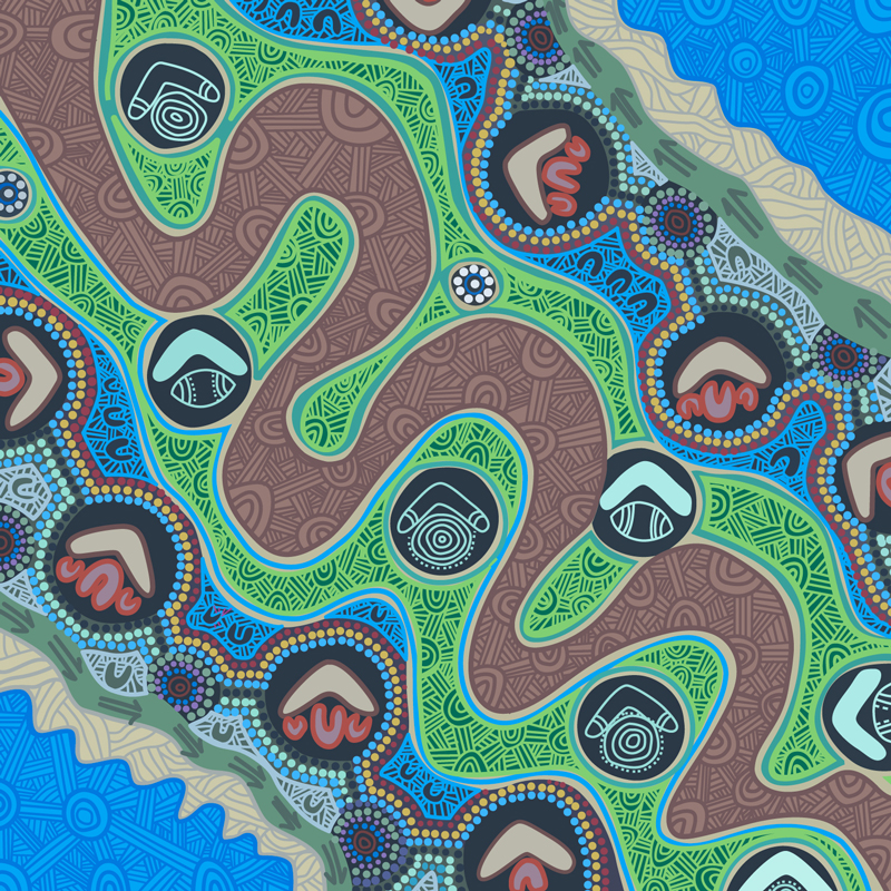 Aboriginal painting with boomerangs along a river