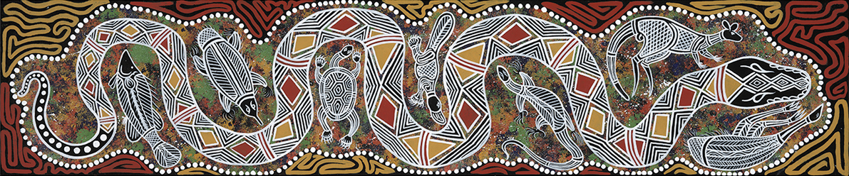 Aboriginal painting depicting the Rainbow Serpent traveling across Country