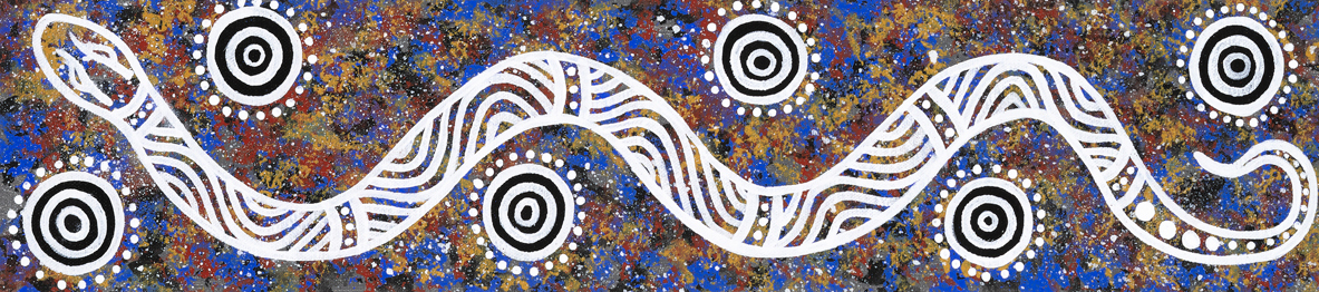 Aboriginal painting depicting Wawai, the Rainbow Serpent, and campsites