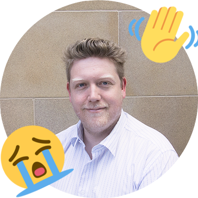 Face of Ned Cutcher with waving and crying emojis