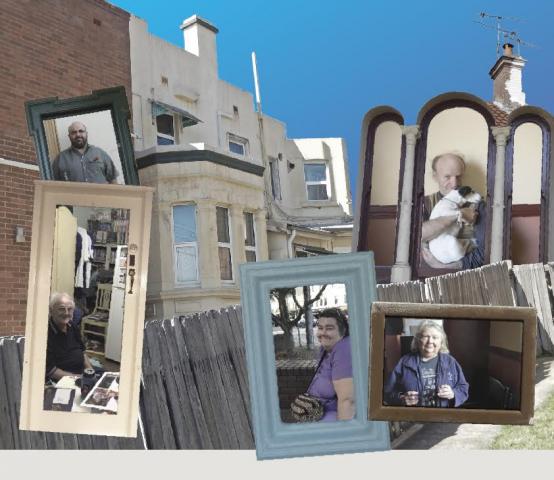 montage of boarding house residents and boarding houses