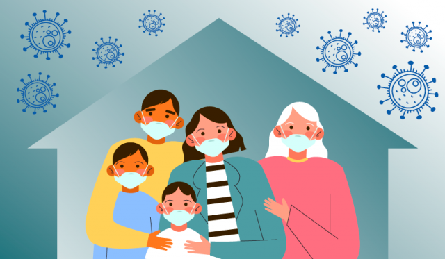 Graphic of a family in a house, wearing masks, virus outside