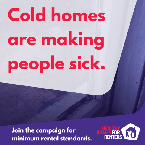 Cold homes make people sick (text) red lettering on grey and purple graphic background