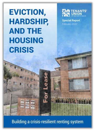 Special Report front cover. Eviction, Hardship and the Housing Crisis. Image of apartment unit with 'for lease' sign out front.