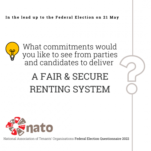Light bulb with text reading: "What commitments would you like to see from parties and candidates to deliver a fair and secure renting system?"