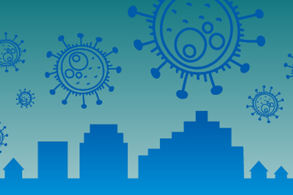 graphic with buildings and covid virus shapes hovering in the sky