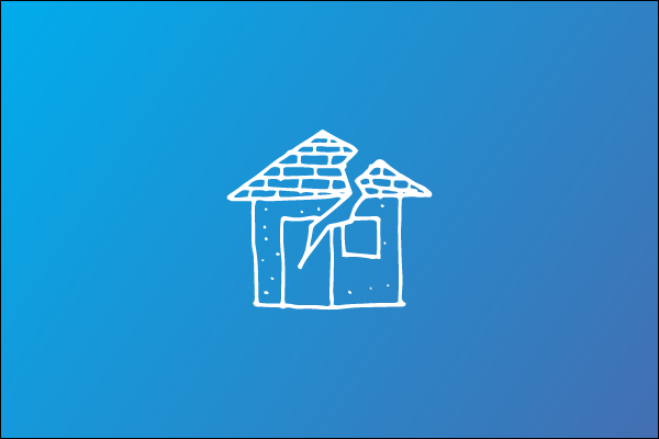 simple icon of a house breaking apart through the roof and wall