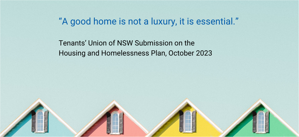"A good home is not a luxury, it is essential." Text on blue background. House roofs (four) at bottom of page. 