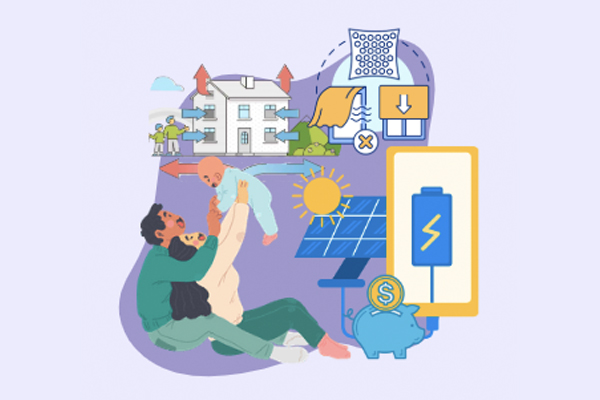 graphic of people and home with energy efficiency symbols