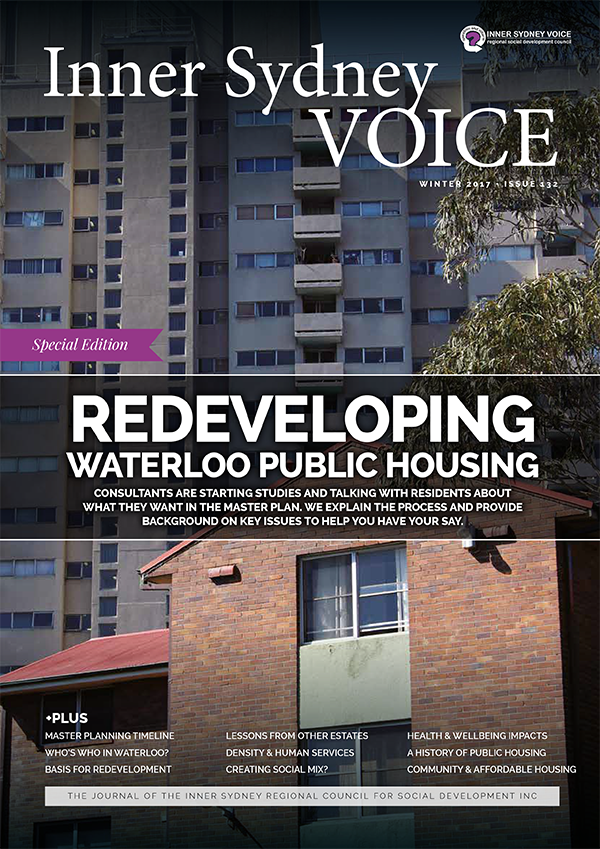 Cover of the Inner Sydney Voice. Title reads "Redeveloping Waterloo Public Housing"