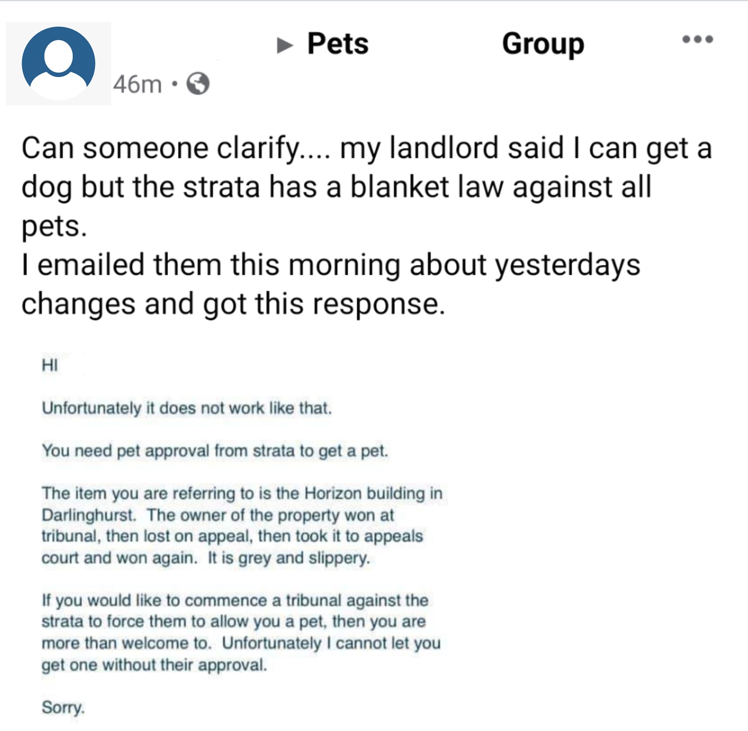 Facebook question in Pets in Strata Group (full text is provided in caption)