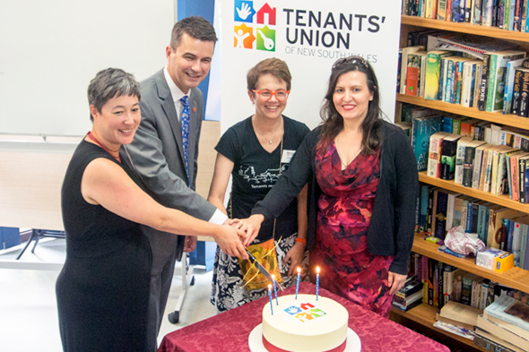 Jenny Leong MP, Shayne Mallard MLC, Julie Foreman TU Executive Officer, and Tania Mihailuk MP, cutting the cake at the launch of the TU 40th celebrations