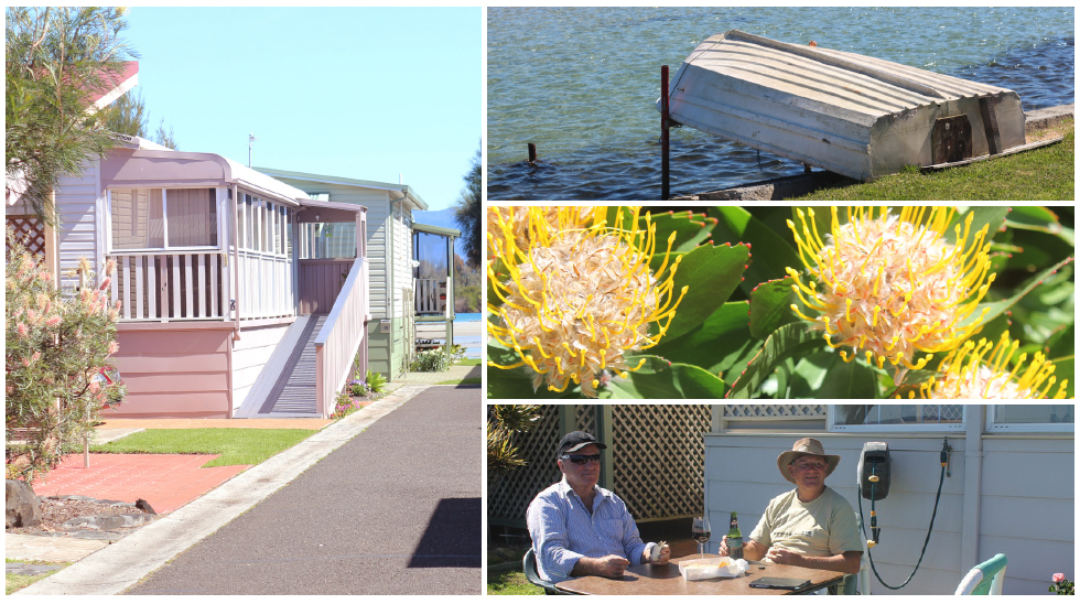Montage of four pictures featuring dwellings in a residential land lease community, moored boat,  flowers, and two men seated at a table