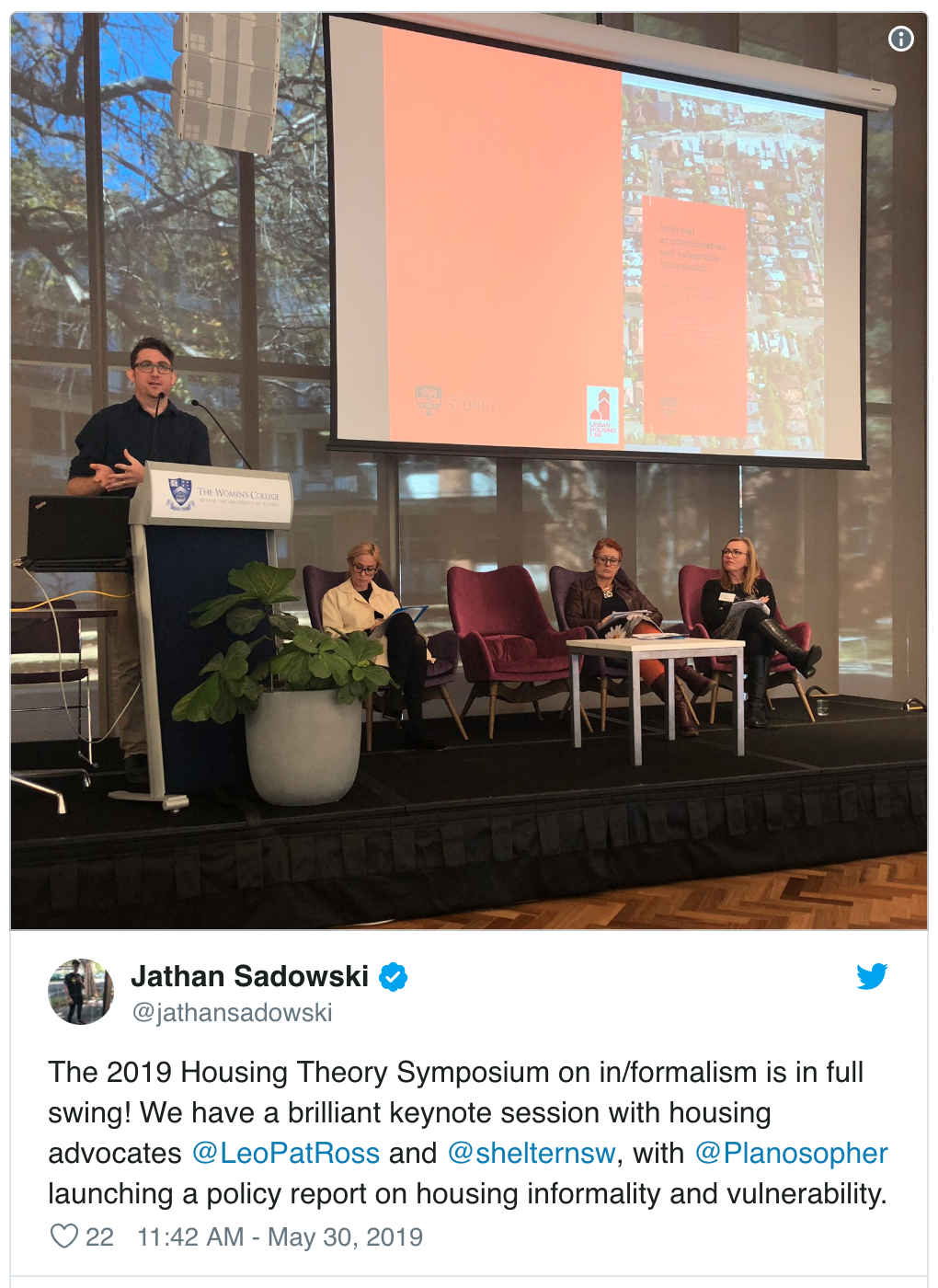 The 2019 Housing Theory Symposium on in/formalism is in full swing! We have a brilliant keynote session with housing advocates @LeoPatRoss and @shelternsw, with @Planosopher launching a policy report on housing informality and vulnerability.  — Jathan Sadowski (@jathansadowski) May 30, 2019