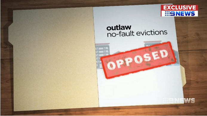 Nine news CGI of a manila folder and paper reading "outlaw no-fault evictions. opposed"