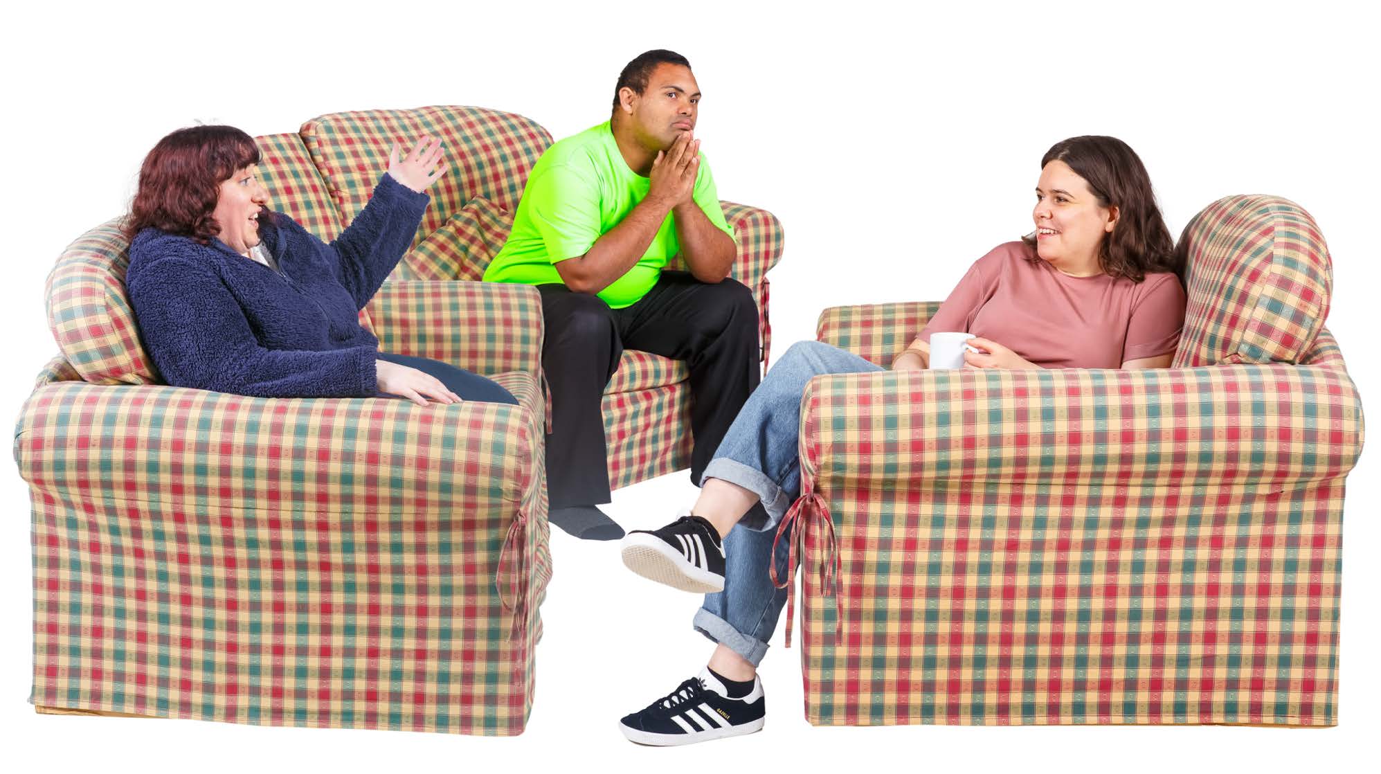 3 people sitting on couches talking