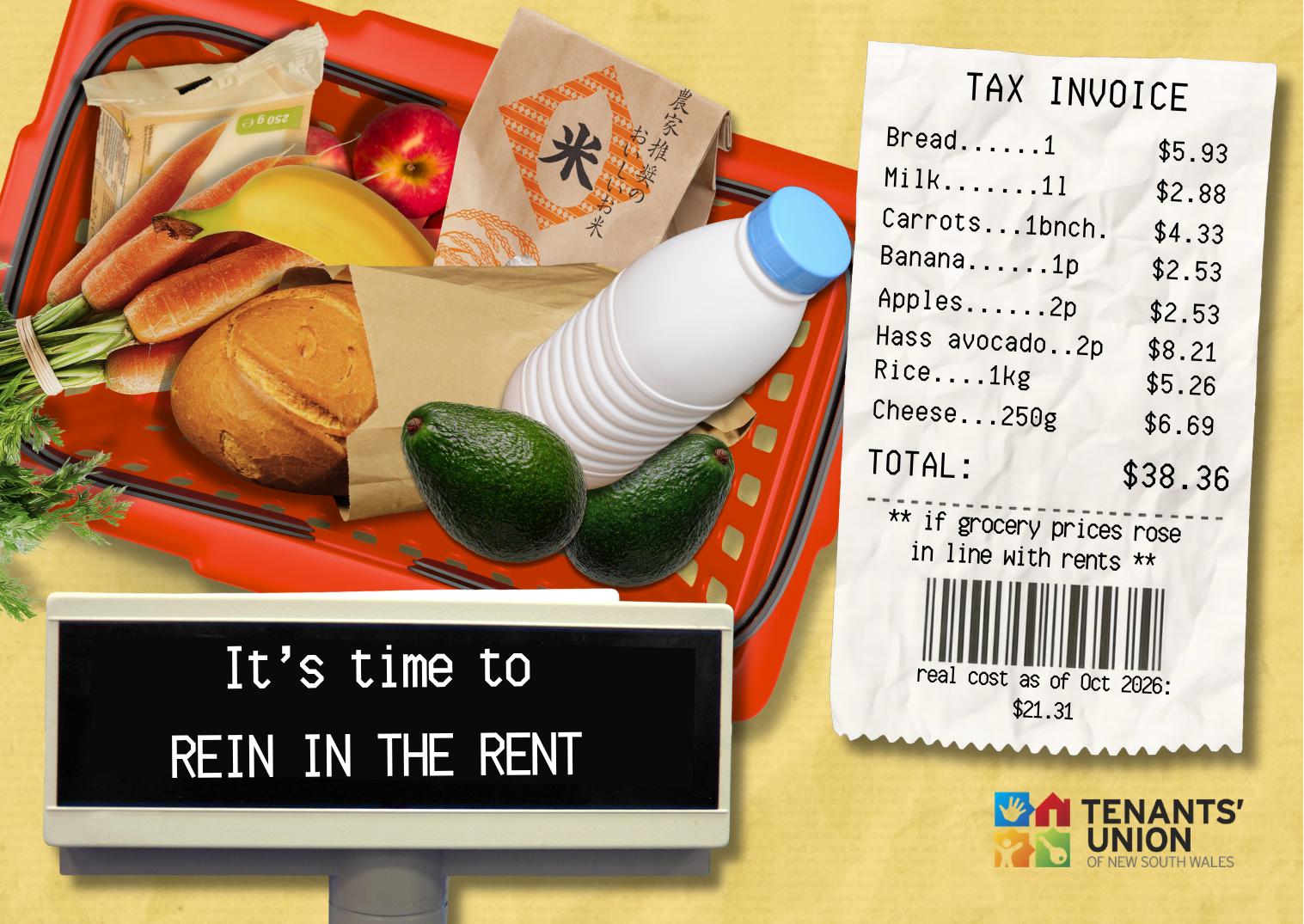 postcard showing groceries and a receipt