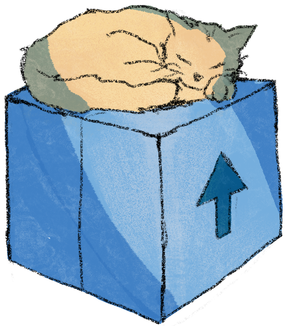 A graphic of a cat sleeping on a box.