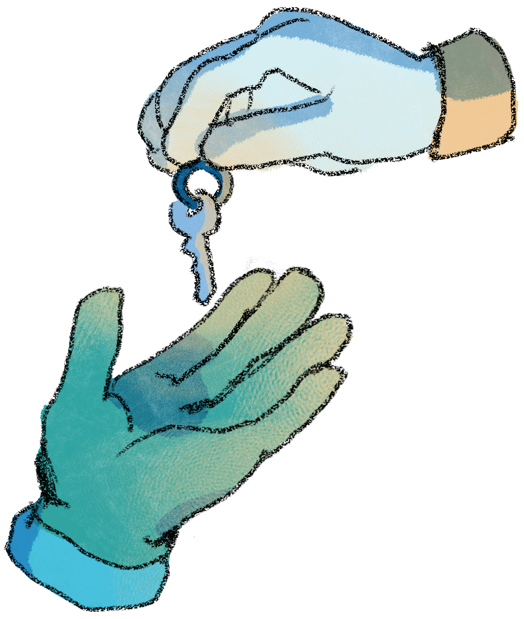A graphic of a hand giving a key to another hand