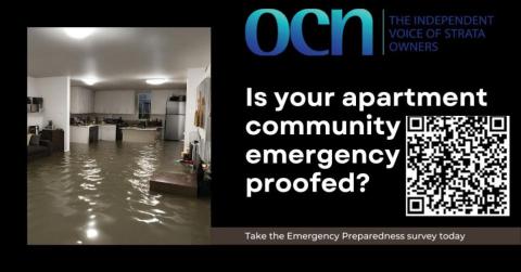 image of a flooded floor with the Owners Corporation Network logo. Text reads "Is your apartment community emergency proofed?". Includes a QR code to the survey linked in this article.