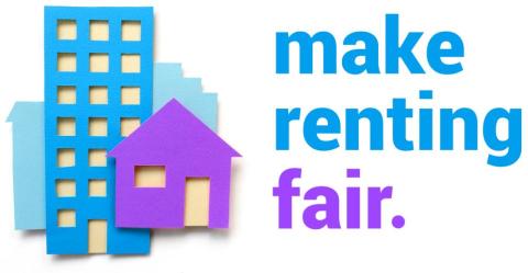 Make Renting Fair logo with campaign name and housing block and home in relief