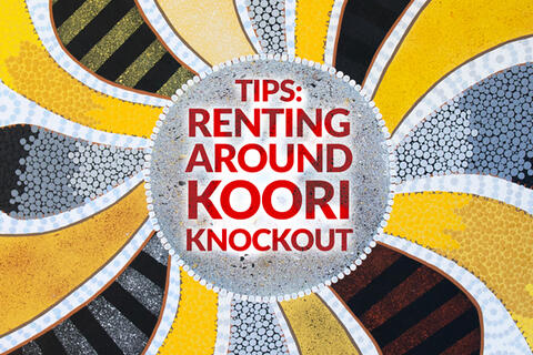 'Tips: Renting around Koori Knockout' in red text surrounded by black and yellow swirls