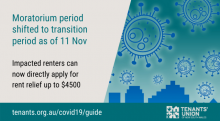 Moratorium period shifted to transition period as of 11 Nov. Impacted renters can now directly apply for rent relief up to $4500