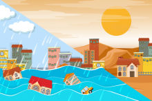 graphic with houses, flood and desert