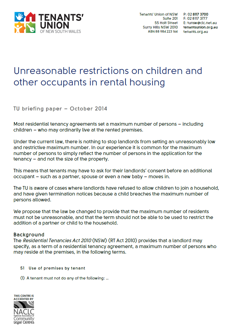 Cover page of 2014 TUNSW Briefing Paper: Unreasonable restrictions on children and other occupants in rental housing