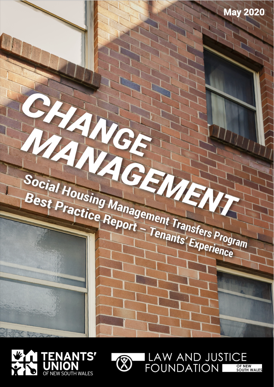 Front Page of Social Housing Management Transfers Program Best Practice Report - Tenants Experience with Tenants Union NSW logo and Law and Justice Foundation of NSW logo depicted at bottom of page