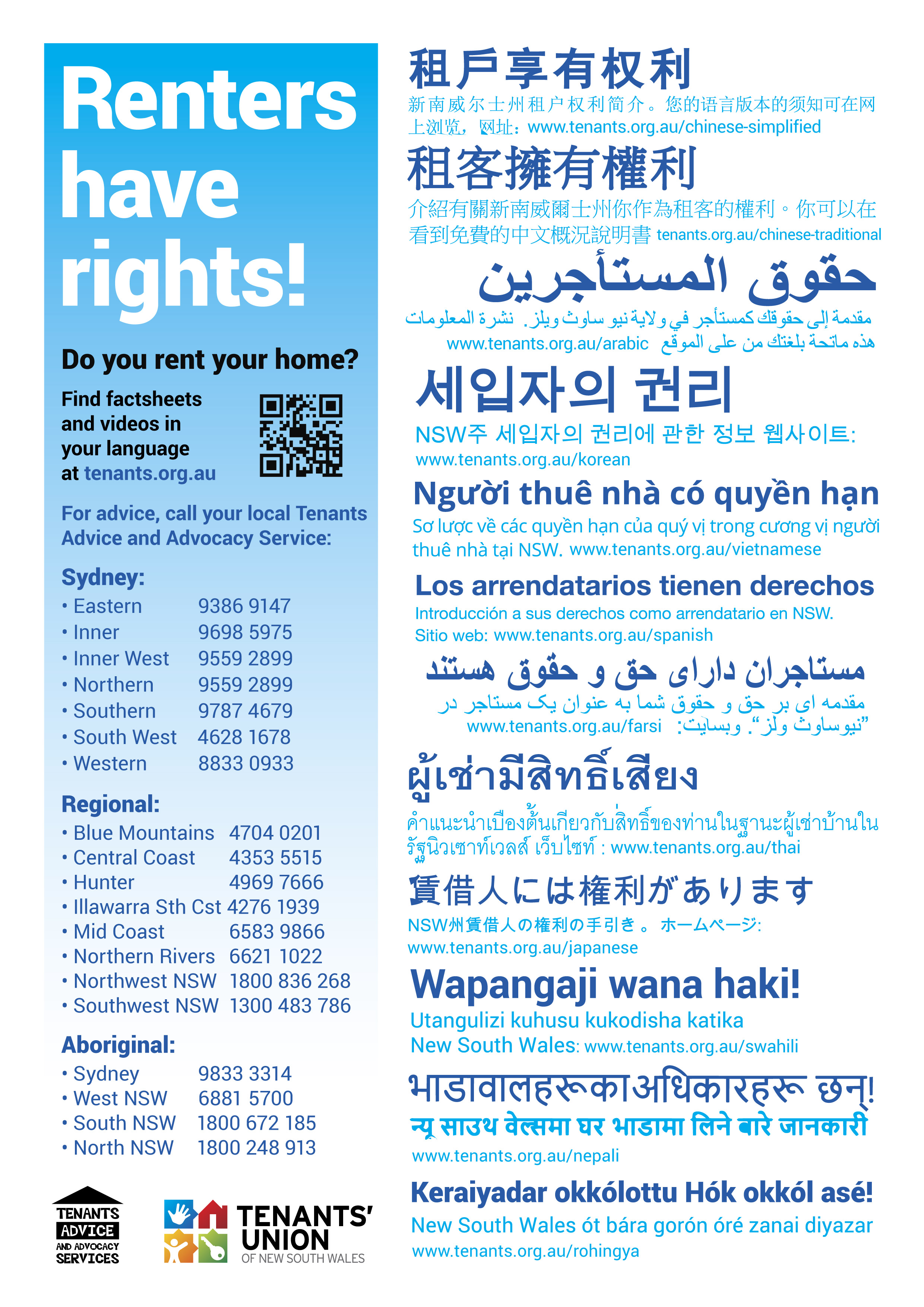 Renters have rights poster in community languages