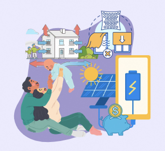 graphic of people and home with energy efficiency symbols